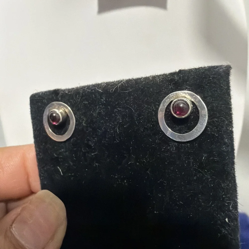 Vintage Hammered Handmade Red Ruby Stud Earrings Birthday Gift